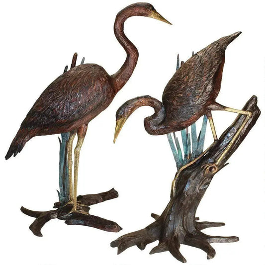 Design Toscano Garden Statues Design Toscano Set of Two Standing and Fishing Herons in Reeds Bronze Statue KW98111