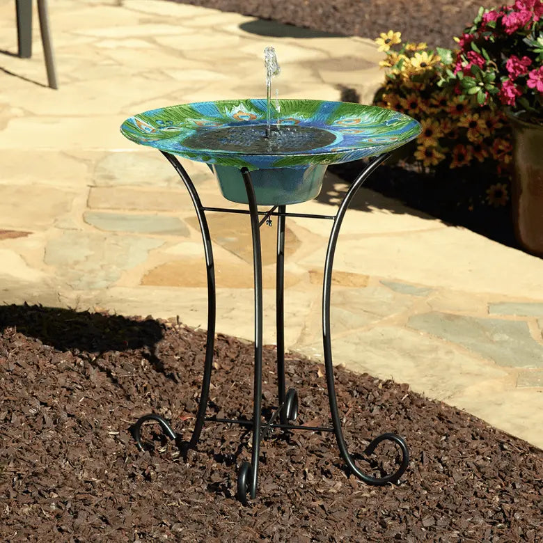 Smart Solar Outdoor Fountains Argus Peacock Glass Solar Birdbath / 20" Diameter x 24" High Smart Solar Argus Peacock Glass Solar Birdbath 20221R01